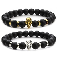 Sort Agate Armbånd, med Zinc Alloy, Skull, forgyldt, frosted, flere farver til valg, 8mm, 7x12mm, Solgt Per Ca. 7 inch Strand