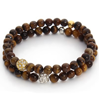 Naturlige Tiger Eye Armbånd, med Zinc Alloy, Runde, forgyldt, med rhinestone, flere farver til valg, 6mm, Solgt Per Ca. 7 inch Strand