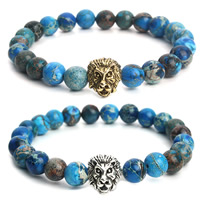 Indruk Jasper Armband, met Zinc Alloy, Leeuw, plated, meer kleuren voor de keuze, 8mm, 11.5x12.5mm, Per verkocht Ca 7 inch Strand