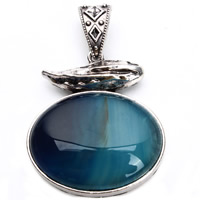 Ahat Privjesci Nakit, Cink Alloy, s Blue Agate, Stan Oval, starinski srebrne boje pozlaćen, dovesti i kadmija besplatno, 61x42mm, Rupa:Približno 7x4mm, Prodano By PC