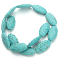 Syntetický Turquoise Korálek, Flat Oval, modrý, 15x29x5mm, Otvor:Cca 1.5mm, Cca 13PC/Strand, Prodáno za Cca 15.5 inch Strand