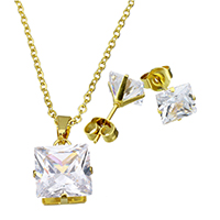 Cubic Zirconia Stainless Steel Jewelry Sets earring & necklace Square gold color plated oval chain & for woman & with cubic zirconia   Length Approx 17.8 Inch Sold By Set