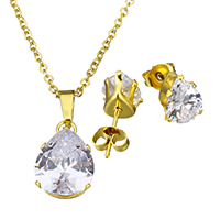 Cubic Zirconia Stainless Steel Jewelry Sets earring & necklace Teardrop gold color plated oval chain & for woman & with cubic zirconia   Length Approx 17.8 Inch Sold By Set