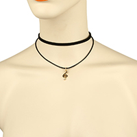 Gelaagde choker, Corduroy Cord, met Gewaxt katoenen koord & Zinc Alloy, met 3lnch extender keten, Nota van de Muziek, gold plated, voor vrouw & glazuur & met strass & 2-strengs, zwart, 9x22x2mm, 1.5mm, 5mm, Lengte Ca 13 inch, 12strengen/Lot, Verkocht door Lot