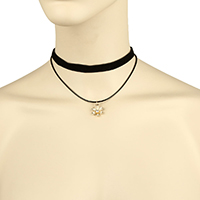 Layered Choker Velveteen with Waxed Cotton Cord & Zinc Alloy with 3lnch extender chain Flower gold color plated for woman & with rhinestone &  black 1.5mm 10mm Length Approx 13 Inch Sold By Lot