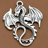 Sinc Alloy Pendants Ainmhithe, Dragon, dath airgid antique plátáilte, luaidhe & caidmiam saor in aisce, 35x28mm, Poll:Thart 1.5mm, 100ríomhairí pearsanta/Mála, Díolta De réir Mála