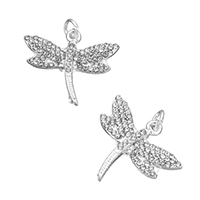 Sinc Alloy Pendants Ainmhithe, Dragonfly, dath airgid plated, le rhinestone, nicil, luaidhe & caidmiam saor in aisce, 25x20.50x3mm, Poll:Thart 1.8mm, 50ríomhairí pearsanta/Lot, Díolta De réir Lot