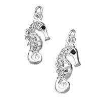 Sinc Alloy Pendants Ainmhithe, Seahorse, dath airgid plated, le rhinestone, nicil, luaidhe & caidmiam saor in aisce, 11x24.50x3.50mm, Poll:Thart 2.7mm, 100ríomhairí pearsanta/Lot, Díolta De réir Lot