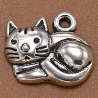 Pendentifs animaux en alliage de zinc, chat, Plaqué de couleur d'argent, 15x12mm, Trou:Environ 2mm, 100PC/sac, Vendu par sac