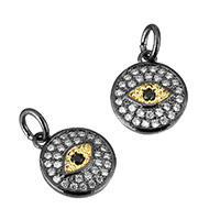 Cubique Pendentif en laiton zircon pavent, Plat rond, Placage de couleur noire de plumbum, avec diagramme de l'œil & pavé de micro zircon, protéger l'environnement, sans nickel, plomb et cadmium, 12x14x2.50mm, Trou:Environ 3.7mm, 10PC/lot, Vendu par lot