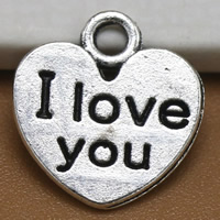 Pendentifs coeur en alliage de zinc, Plaqué de couleur d'argent, avec le motif de lettre, sans plomb et cadmium, 12x11mm, Trou:Environ 1.5mm, 100PC/sac, Vendu par sac