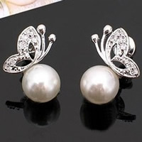 Staklo bisernom naušnicom, Cink Alloy, s Staklo Pearl, Leptir, platine boja pozlaćen, s Rhinestone, dovesti i nikla besplatno, 10-20mm, 10Parovi/Torba, Prodano By Torba