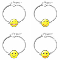 Zinklegering armbandkettingen, Zinc Alloy, met Glas, met 5cm extender keten, Rond plat, platinum plated, met smiley face & tijd gem sieraden & verschillende ontwerpen voor de keuze & sticker, 20mm, Lengte Ca 6 inch, 3strengen/Bag, Verkocht door Bag