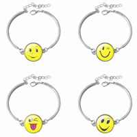 Pulseira de liga de zinco, with vidro, with 5cm extender chain, Roda plana, cromado de cor platina, Com cara do smiley & tempo gem jóias & Varios pares a sua escolha & decalque, 18mm, comprimento Aprox 6 inchaltura, 3vertentespraia/Bag, vendido por Bag