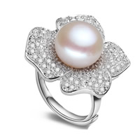 Kubisk Zircon Mässing Finger Ring, med Freshwater Pearl, Leaf, äkta silver plated, naturliga & med cubic zirconia, vit, leda & kadmiumfri, 11-12mm, Storlek:7.5, Säljs av PC