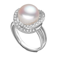 Kubisk Zircon Mässing Finger Ring, med Freshwater Pearl, Blomma, äkta silver plated, naturliga & med cubic zirconia, vit, leda & kadmiumfri, 10-11mm, Storlek:7.5, Säljs av PC