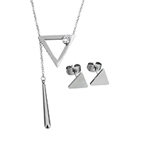 Strass Stainless Steel Jewelry Set, oorbel & halsketting, Roestvrij staal, met 2lnch extender keten, Driehoek, ovale keten & voor vrouw & met strass, oorspronkelijke kleur, 29.5x26x8.5mm, 5x38.5x5mm, 10x8x12mm, 2x2.5x0.5mm, Lengte Ca 17 inch, Verkocht door Stel