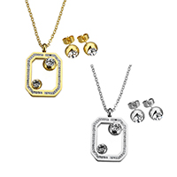 Strass Stainless Steel Jewelry Set, oorbel & halsketting, Roestvrij staal, met strass klei pave, plated, ovale keten & voor vrouw & met strass, meer kleuren voor de keuze, 21x32x8mm, 2x2.5x0.5mm, 8x8x19mm, Lengte Ca 17 inch, Verkocht door Stel