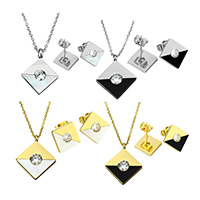 Resin Jewelry Sets earring & necklace Stainless Steel with Resin Rhombus plated oval chain & for woman & with rhinestone Length Approx 17.5 Inch Sold By Set