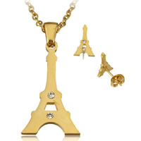 Set di gioielli in acciaio inox strass, orecchino & Collana, Torre Eiffel, placcato color oro, catena ovale & con strass, 18x28x2mm, 2x2.5x0.5mm, 8x12.5x13mm, Lunghezza Appross. 20 pollice, Venduto da set