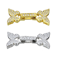 Messing Fold Over Clasp, Butterfly, forgyldt, Micro Pave cubic zirconia, flere farver til valg, nikkel, bly & cadmium fri, 27x12x5mm, Hole:Ca. 2x0.8mm, 5pc'er/Lot, Solgt af Lot