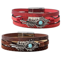 Rundsleder armbanden, Koeienhuid, met Synthetische Turquoise & Zinc Alloy, Veer, plated, voor vrouw & 3-streng, meer kleuren voor de keuze, nikkel, lood en cadmium vrij, 60mm, Per verkocht Ca 7.6 inch Strand