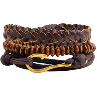 Los hombres de la pulsera y del brazalete, Cuero de vaca, con Cuerda de nylon encerado & madera & aleación de zinc, chapado en color dorado, para hombre, libre de níquel, plomo & cadmio, longitud aproximado 7.4 Inch, 3Strandsfilamento/Grupo, Vendido por Grupo