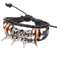 Unisex Armband, Koeienhuid, met Hennep & Hout & Zinc Alloy, plated, uniseks & verstelbaar & 3-streng, nikkel, lood en cadmium vrij, Per verkocht Ca 8.6 inch Strand