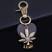 Sleutelhanger, Zinc Alloy, met Koeienhuid, Maple Leaf, antiek brons plated, voor de mens, nikkel, lood en cadmium vrij, 35x120mm, Verkocht door Strand