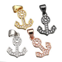 Terningformet Zirkon Micro Pave Messing vedhæng, Anchor, forgyldt, nautiske mønster & Micro Pave cubic zirconia, flere farver til valg, nikkel, bly & cadmium fri, 11x15x2mm, Hole:Ca. 3x4mm, 20pc'er/Lot, Solgt af Lot