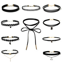 Velveteen Cord Choker Collier, med Lace & Glas & Zink Alloy, plated, fasetterad, Längd Ca 12.6-62 inch, 10Strands/Ställ, Säljs av Ställ