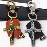 Sleutelhanger, Zinc Alloy, met Koeienhuid, Crucifix Cross, plated, met brief patroon & voor de mens, meer kleuren voor de keuze, nikkel, lood en cadmium vrij, 40x120mm, Verkocht door Strand