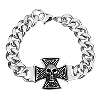 Mænd armbånd, Stainless Steel, Skull Cross, bremse kæde & for mennesket & sværte, 56x31x6mm, 16x13x3mm, Solgt Per Ca. 9 inch Strand