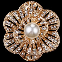 Staklo Pearl broš, Cink Alloy, s Staklo Pearl, Cvijet, zlatna boja pozlaćen, za žene & s Rhinestone, nikal, olovo i kadmij besplatno, 43x43mm, 3računala/Lot, Prodano By Lot