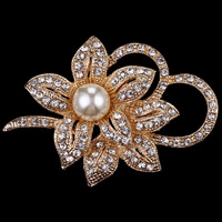 Vidro broche de pérolas, liga de zinco, with Pérola  de vidro, Flor, cromado de cor dourada, para mulher & com strass, níquel, chumbo e cádmio livre, 56x39mm, 3PCs/Lot, vendido por Lot