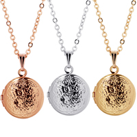 Fashion Locket Necklace Brass Flat Round plated with photo locket & oval chain & with flower pattern & for woman nickel lead & cadmium free 15mm Sold Per Approx 15.7 Inch Strand