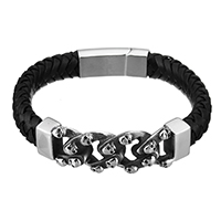 De Armband van mensen, Koeienhuid, met Roestvrij staal, Schedel, voor de mens & zwart maken, 59x17x8mm, 33x13x8mm, 12x7mm, Per verkocht Ca 9 inch Strand