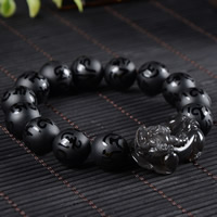 Handgelenk Mala, Schwarzer Achat, mit Schwarzer Obsidian, Fabelhaft wildes Tier, natürlich, buddhistischer Schmuck & om mani padme hum & für den Menschen, 12mm, verkauft per ca. 6.5 ZollInch Strang