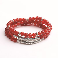 Red Agate Armbånd, med Zinc Alloy, antik sølv farve forgyldt, naturlige & for kvinde & 3-streng, bly & cadmium fri, 5mm, Solgt Per Ca. 18 inch Strand