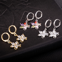 Huggie Hoop Drop Earring Brass  Flower plated with cubic zirconia & faceted nickel lead & cadmium free Sold By Pair