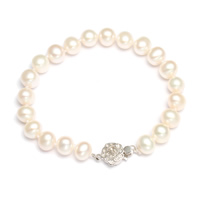 Fionnuisce saothraithe Pearl Bracelet, Pearl Fionnuisce, práis clasp bhosca, Prátaí, nádúrtha, 7-8mm, Díolta Per Thart 6.5 Inse Snáithe