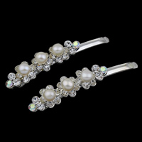 Barrette, laiton, avec perle d'eau douce cultivée, Placage de couleur argentée, naturel & avec strass, protéger l'environnement, sans nickel, plomb et cadmium, 12x62x10mm, Vendu par PC