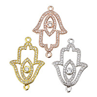 Cubic Zirconia Micro Pave Latão Connector, cobre, mão Hamsa, banhado, micro pavimento em zircônia cúbica & laço de 1/1, Mais cores pare escolha, níquel, chumbo e cádmio livre, 17x26.50x2.50mm, Buraco:Aprox 1.4mm, 20PCs/Lot, vendido por Lot