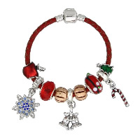 Pulsera de Navidad, aleación de zinc, con cable de piel de vaca & Cristal & Cristal de murano, chapado, pulsera del encanto & longitud diferente para la opción & Joyas de Navidad & para mujer & esmalte & con diamantes de imitación, libre de níquel, plomo & cadmio, Vendido por Sarta