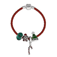 Pulsera de Navidad, aleación de zinc, con cable de piel de vaca & Cristal, chapado, pulsera del encanto & longitud diferente para la opción & Joyas de Navidad & con el patrón de la letra & para mujer & esmalte & facetas, libre de níquel, plomo & cadmio, Vendido por Sarta