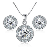 Mässing Smycken Set, örhänge & halsband, Flat Round, platinerade, box kedja & för kvinna & med cubic zirconia, leda & kadmiumfri, 14.5x12mm, 7.4mm, Längd Ca 17.5 inch, 3Satser/Bag, Säljs av Bag