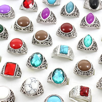 Unisex Vingerring, Zinc Alloy, met Mixed Material, antiek zilver plated, uniseks & gemengd, lood en cadmium vrij, 22x27x22mm-24x30x15mm, Maat:5-9, 50pC's/box, Verkocht door box