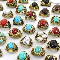 Unisex Vingerring, Zinc Alloy, met Synthetische Turquoise, antiek goud plated, uniseks & gemengd, lood en cadmium vrij, 22x27x22mm-24x30x15mm, Maat:5-9, 50pC's/box, Verkocht door box