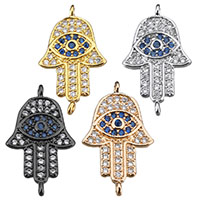 Onde øjne stik, Messing, Evil Eye Hamsa, forgyldt, islam smykker & Micro Pave cubic zirconia & 1/1 løkke, flere farver til valg, nikkel, bly & cadmium fri, 11x19x1.50mm, Hole:Ca. 1mm, 20pc'er/Lot, Solgt af Lot