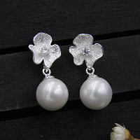 Boucles d'oreilles en perles d'eau douce, argent sterling 925, avec perle d'eau douce cultivée, fleur, naturel, pour femme & avec zircone cubique, 10.50mm, Vendu par paire